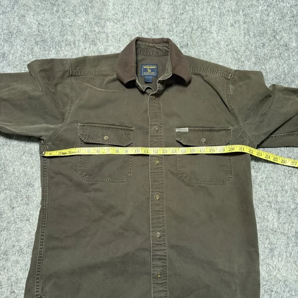 Vtg 90s Woolrich Canvas Chamois Shirt Jacket L Brown Twill Faux Suede Collar